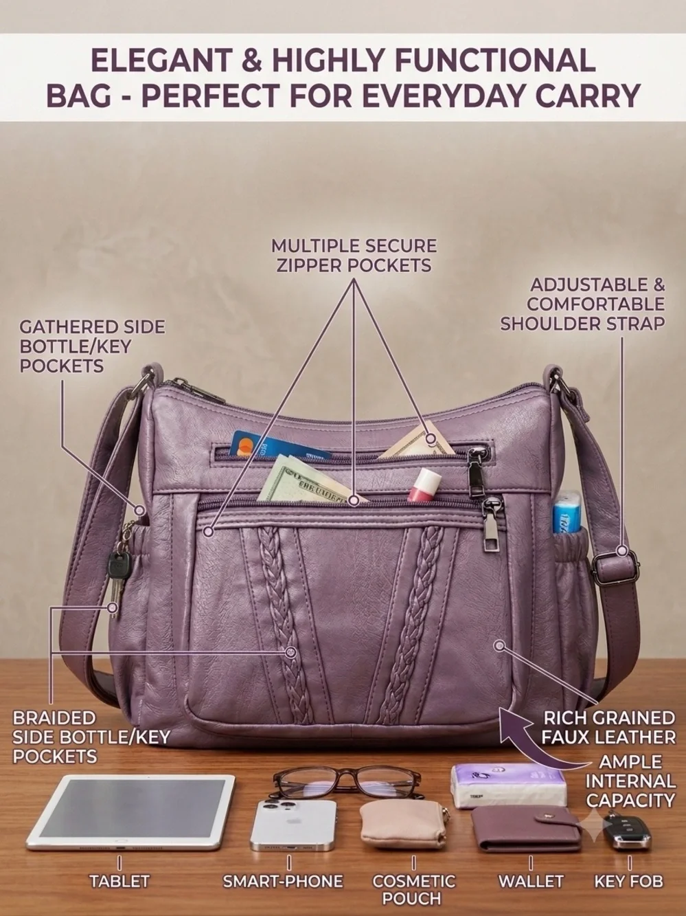 ELDA Purple Faux Leather Multi-Pocket Crossbody Bag Shoulder Purse
